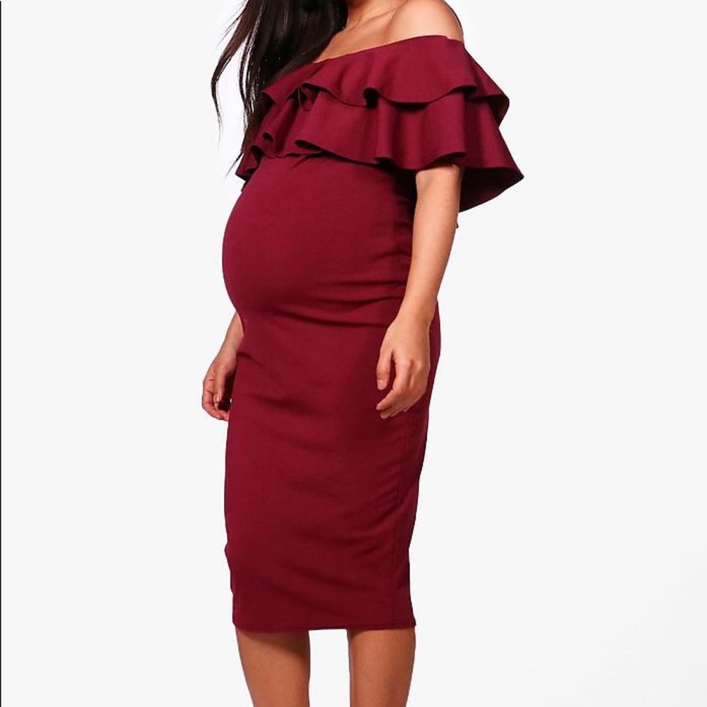Maternity Ruffle Off The Shoulder Midi Dress
